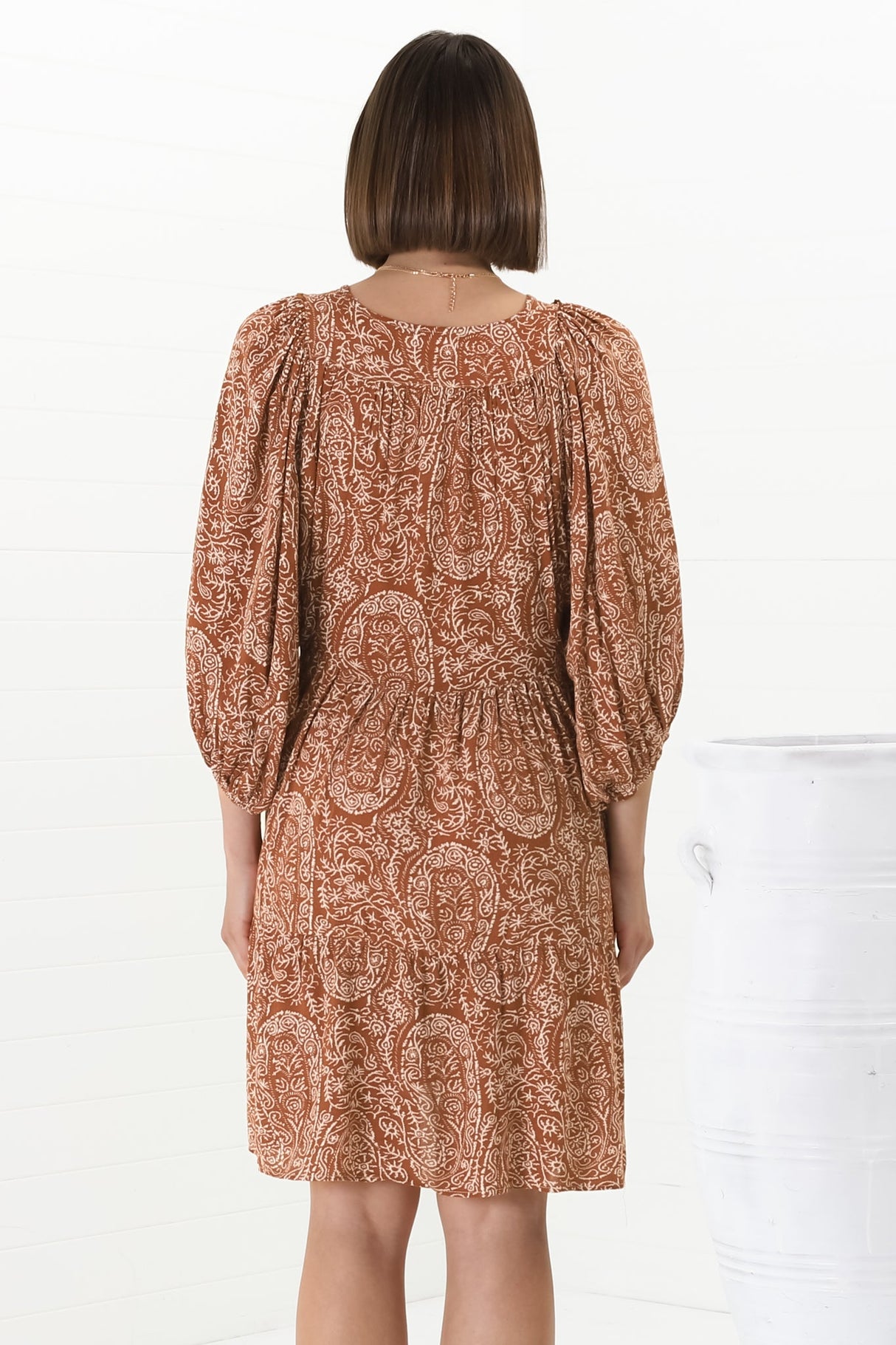 Juddy Mini Dress - Batwing Sleeve Smock Dress with Lace Detailing in Khalid Print Rust