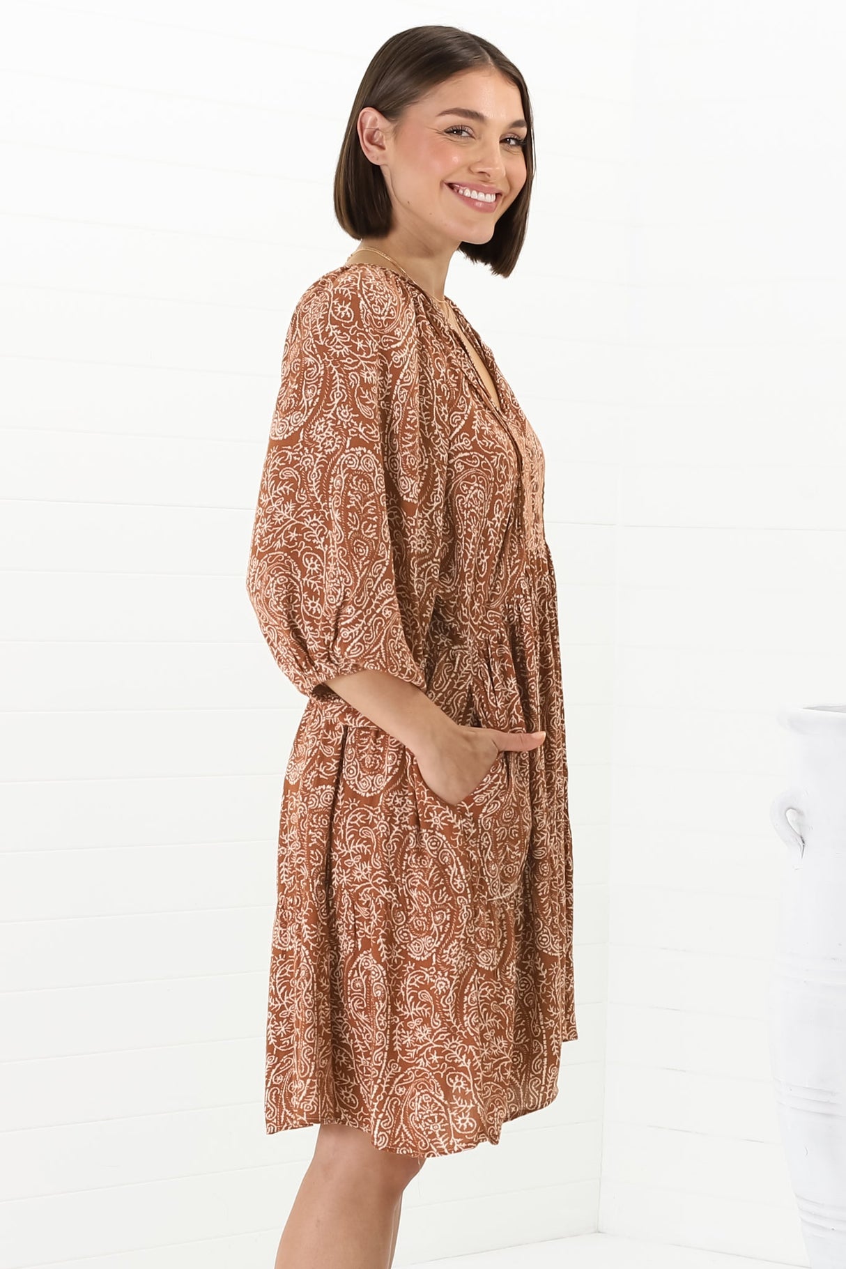 Juddy Mini Dress - Batwing Sleeve Smock Dress with Lace Detailing in Khalid Print Rust