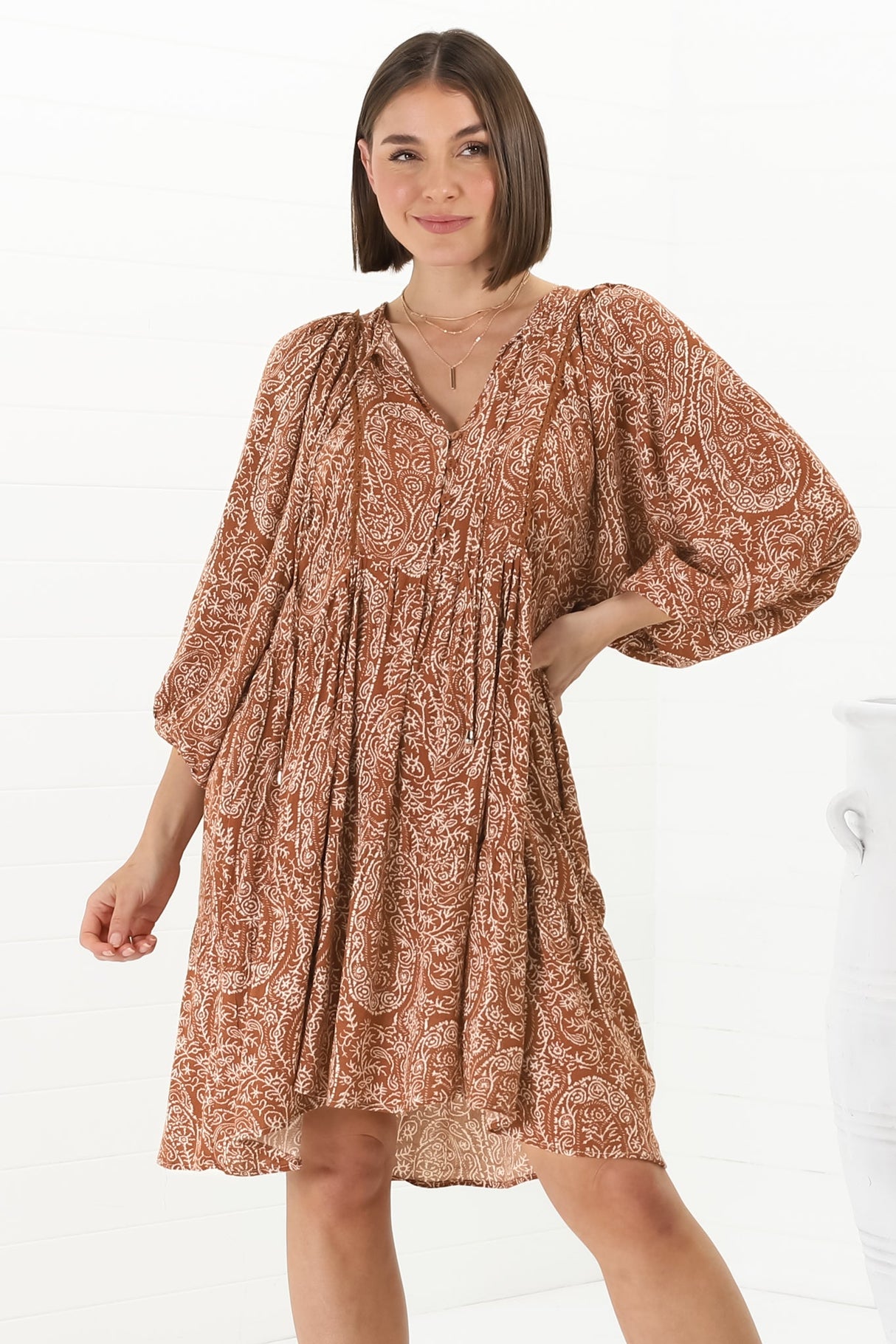 Juddy Mini Dress - Batwing Sleeve Smock Dress with Lace Detailing in Khalid Print Rust