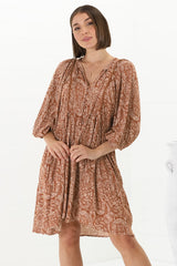 Juddy Mini Dress - Batwing Sleeve Smock Dress with Lace Detailing in Khalid Print Rust