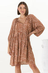 Juddy Mini Dress - Batwing Sleeve Smock Dress with Lace Detailing in Khalid Print Rust