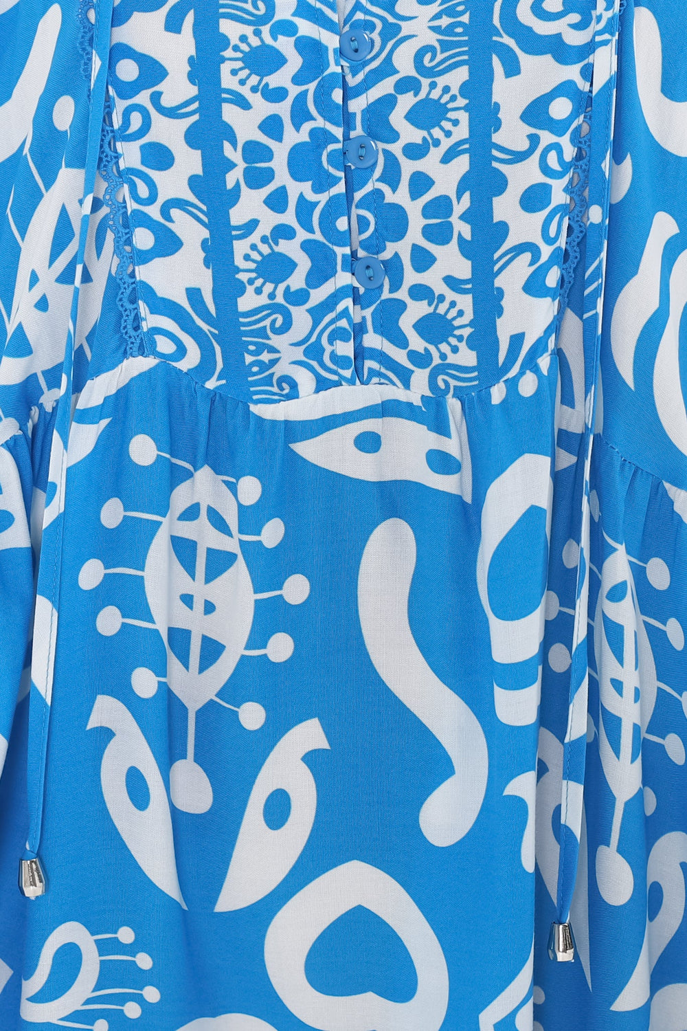 Juddy Mini Dress - Batwing Sleeve Smock Dress with Lace Detailing in Khavi Print Blue