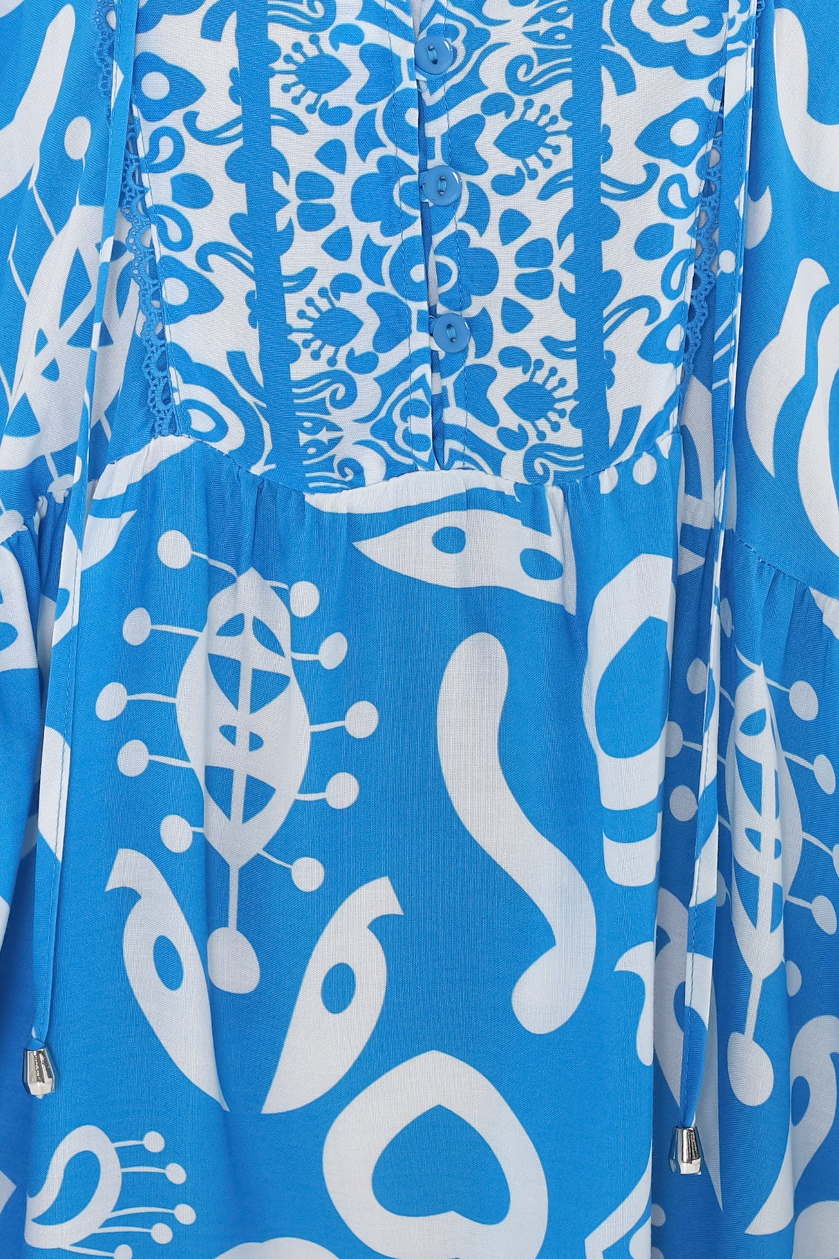 Juddy Mini Dress - Batwing Sleeve Smock Dress with Lace Detailing in Khavi Print Blue