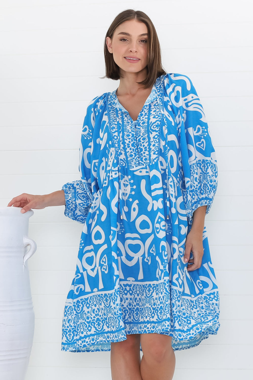 Juddy Mini Dress - Batwing Sleeve Smock Dress with Lace Detailing in Khavi Print Blue