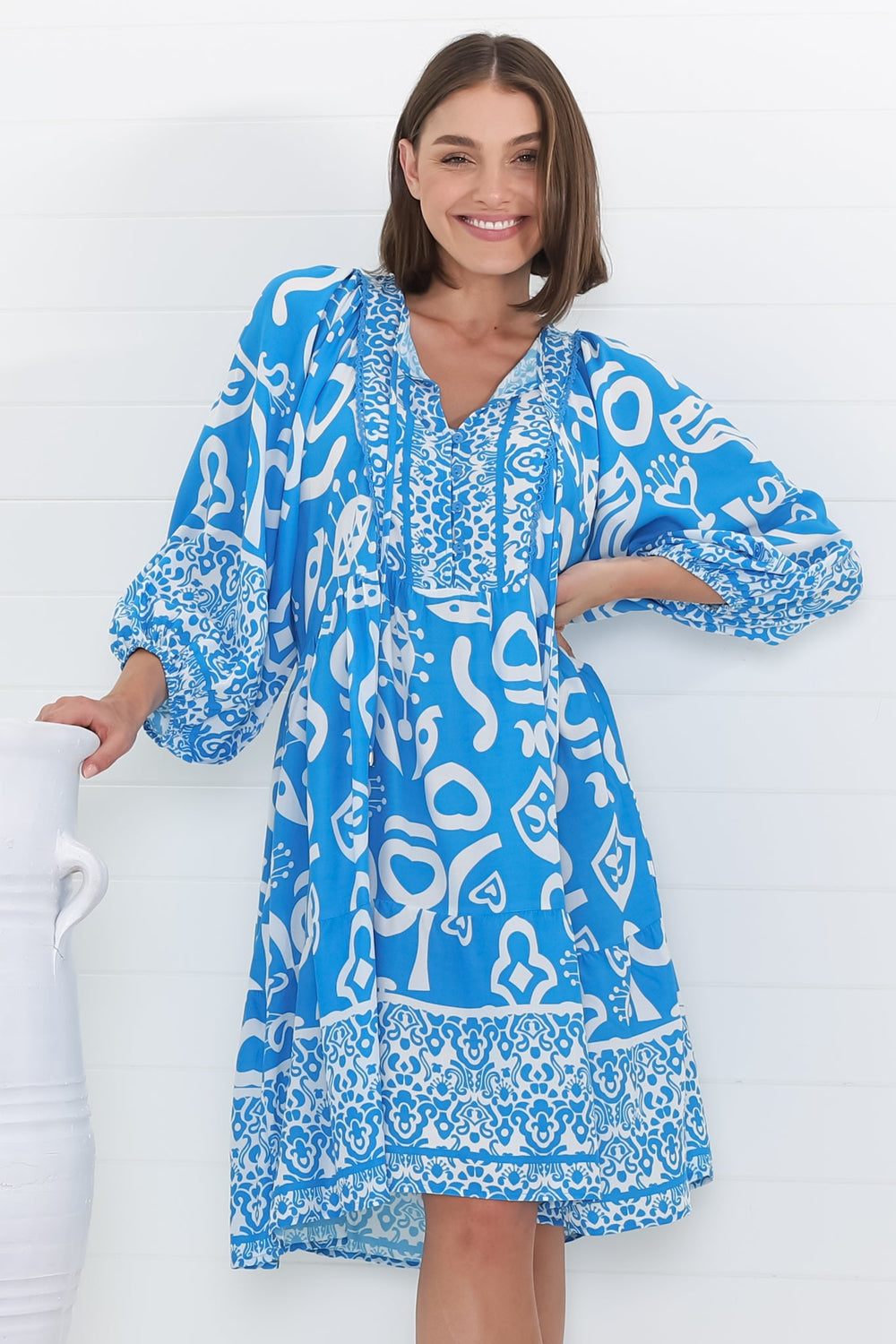 Juddy Mini Dress - Batwing Sleeve Smock Dress with Lace Detailing in Khavi Print Blue