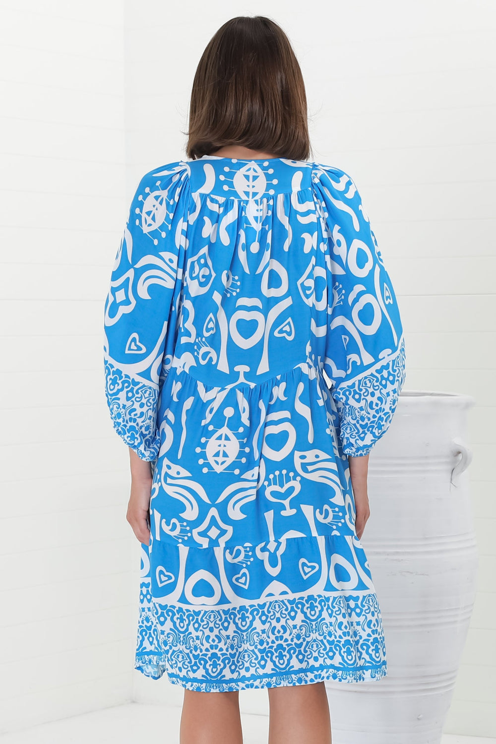 Juddy Mini Dress - Batwing Sleeve Smock Dress with Lace Detailing in Khavi Print Blue