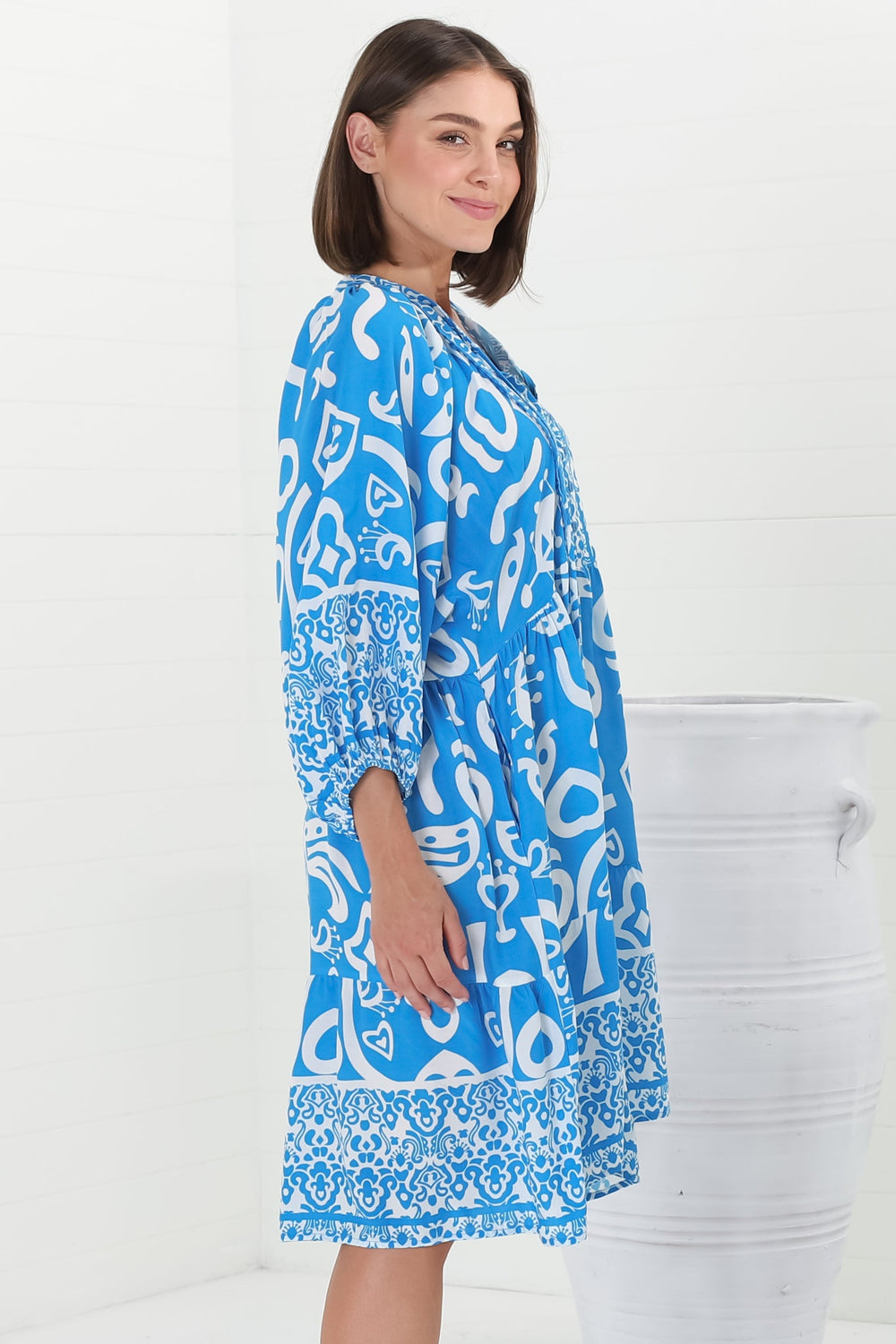 Juddy Mini Dress - Batwing Sleeve Smock Dress with Lace Detailing in Khavi Print Blue
