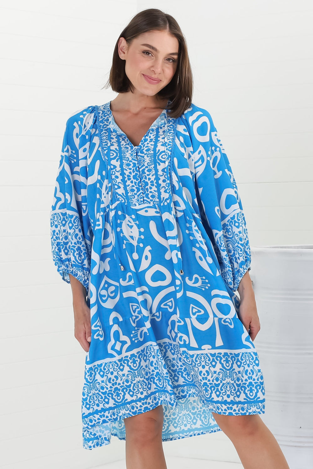 Juddy Mini Dress - Batwing Sleeve Smock Dress with Lace Detailing in Khavi Print Blue
