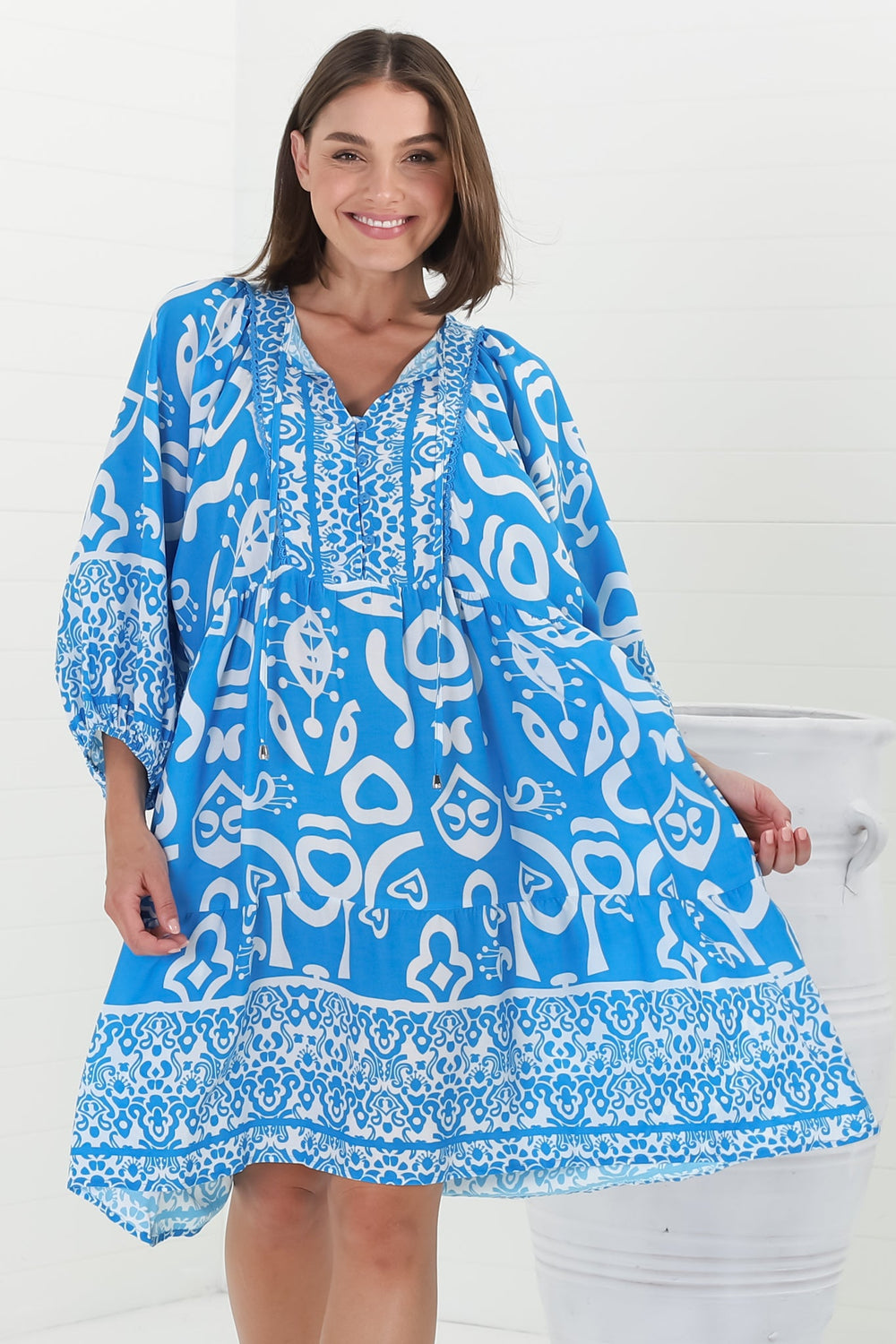 Juddy Mini Dress - Batwing Sleeve Smock Dress with Lace Detailing in Khavi Print Blue