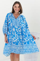 Juddy Mini Dress - Batwing Sleeve Smock Dress with Lace Detailing in Khavi Print Blue