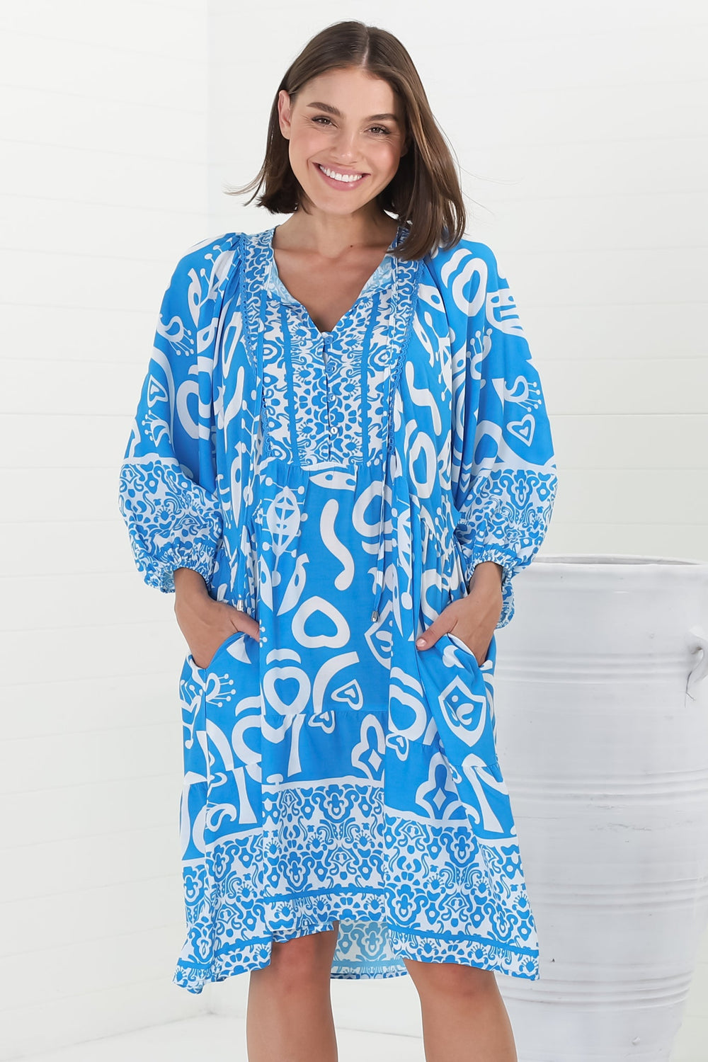 Juddy Mini Dress - Batwing Sleeve Smock Dress with Lace Detailing in Khavi Print Blue