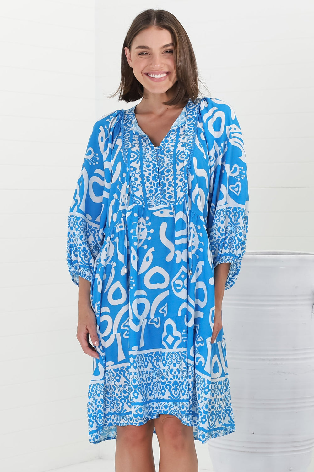 Juddy Mini Dress - Batwing Sleeve Smock Dress with Lace Detailing in Khavi Print Blue
