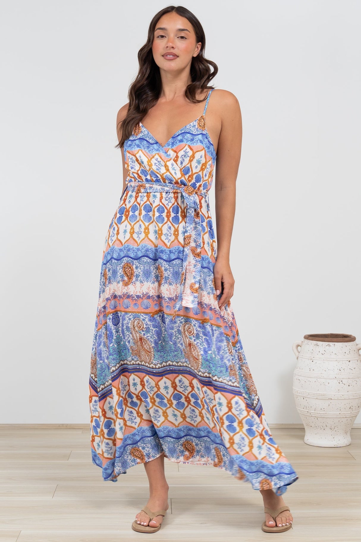 Judy Maxi Dress - Cross Bodice Sun Dress with Matching Belt in Belly Print