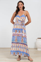 Judy Maxi Dress - Cross Bodice Sun Dress with Matching Belt in Belly Print