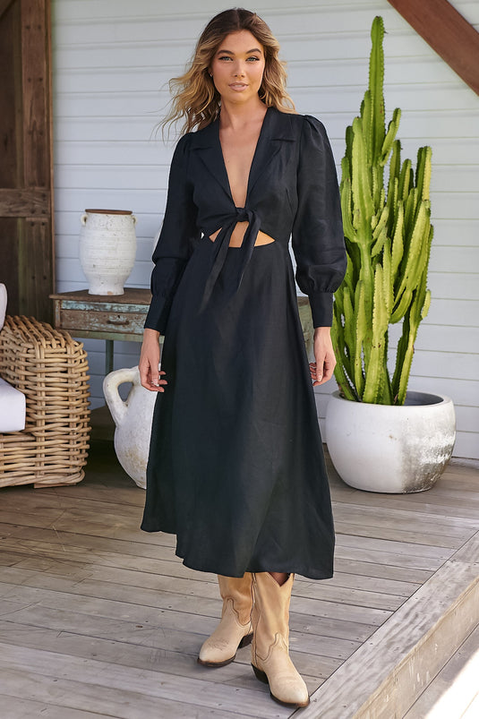 JAASE - Jules Midi Dress: Collared Cut Out Tie at Bust A Line Linen Dress in Black
