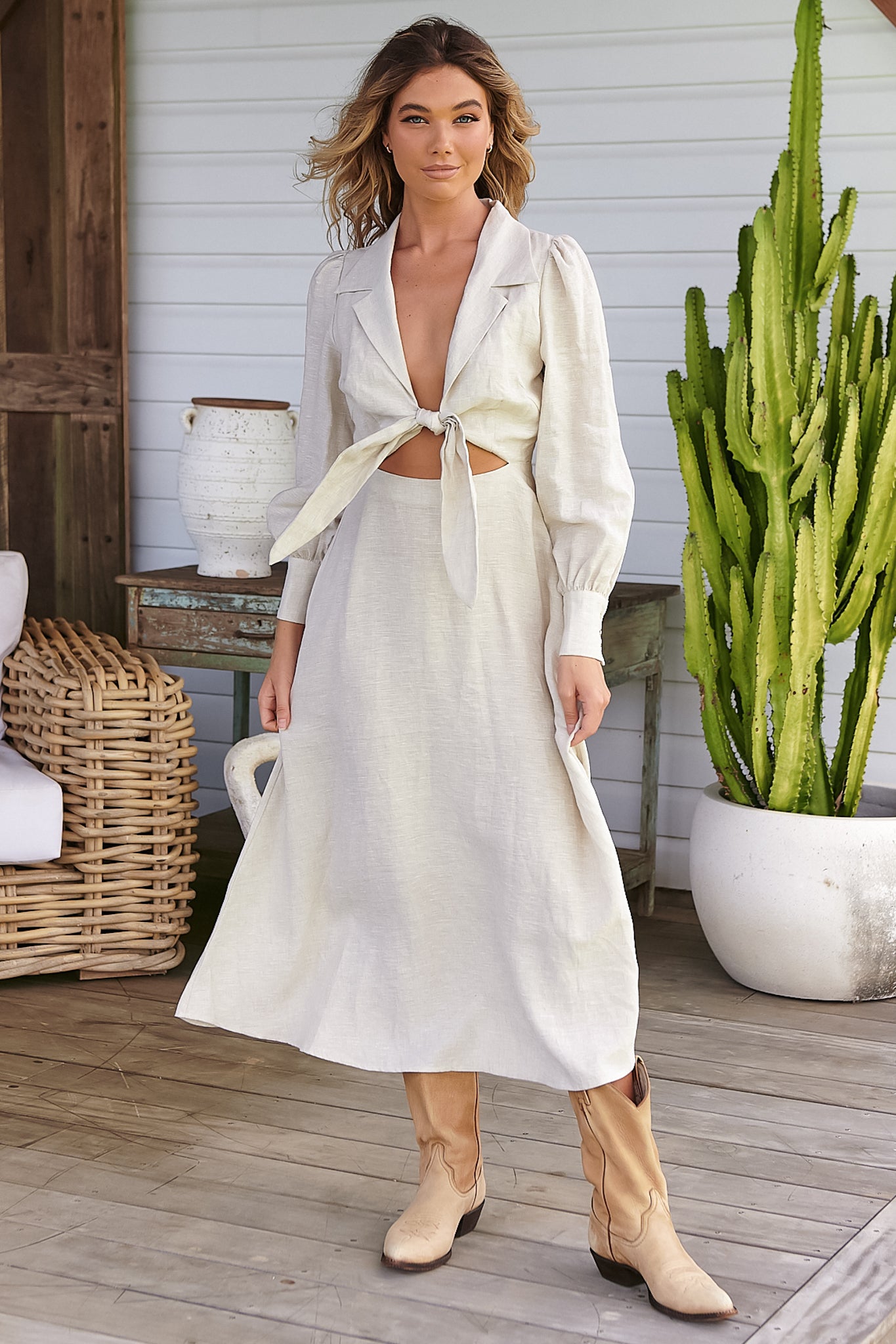 JAASE - Jules Midi Dress: Collared Cut Out Tie at Bust A Line Linen Dress in Natural