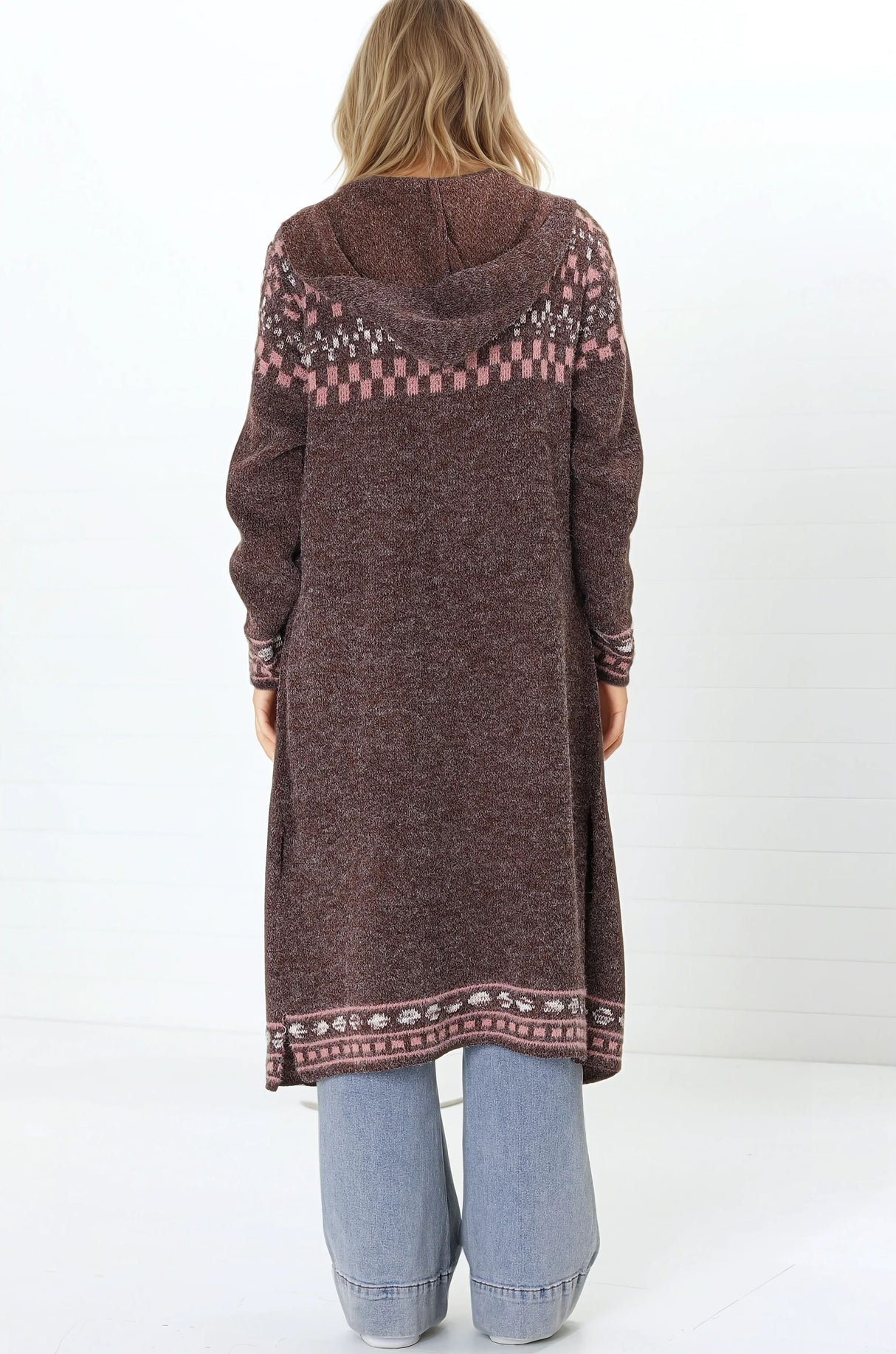 Jumilah Cardigan - Hooded Long Line Graphic Cardigan in Brown