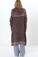 Jumilah Cardigan - Hooded Long Line Graphic Cardigan in Brown