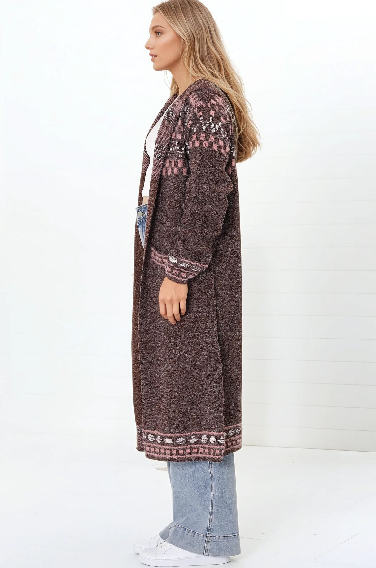 Jumilah Cardigan - Hooded Long Line Graphic Cardigan in Brown