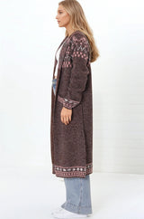 Jumilah Cardigan - Hooded Long Line Graphic Cardigan in Brown