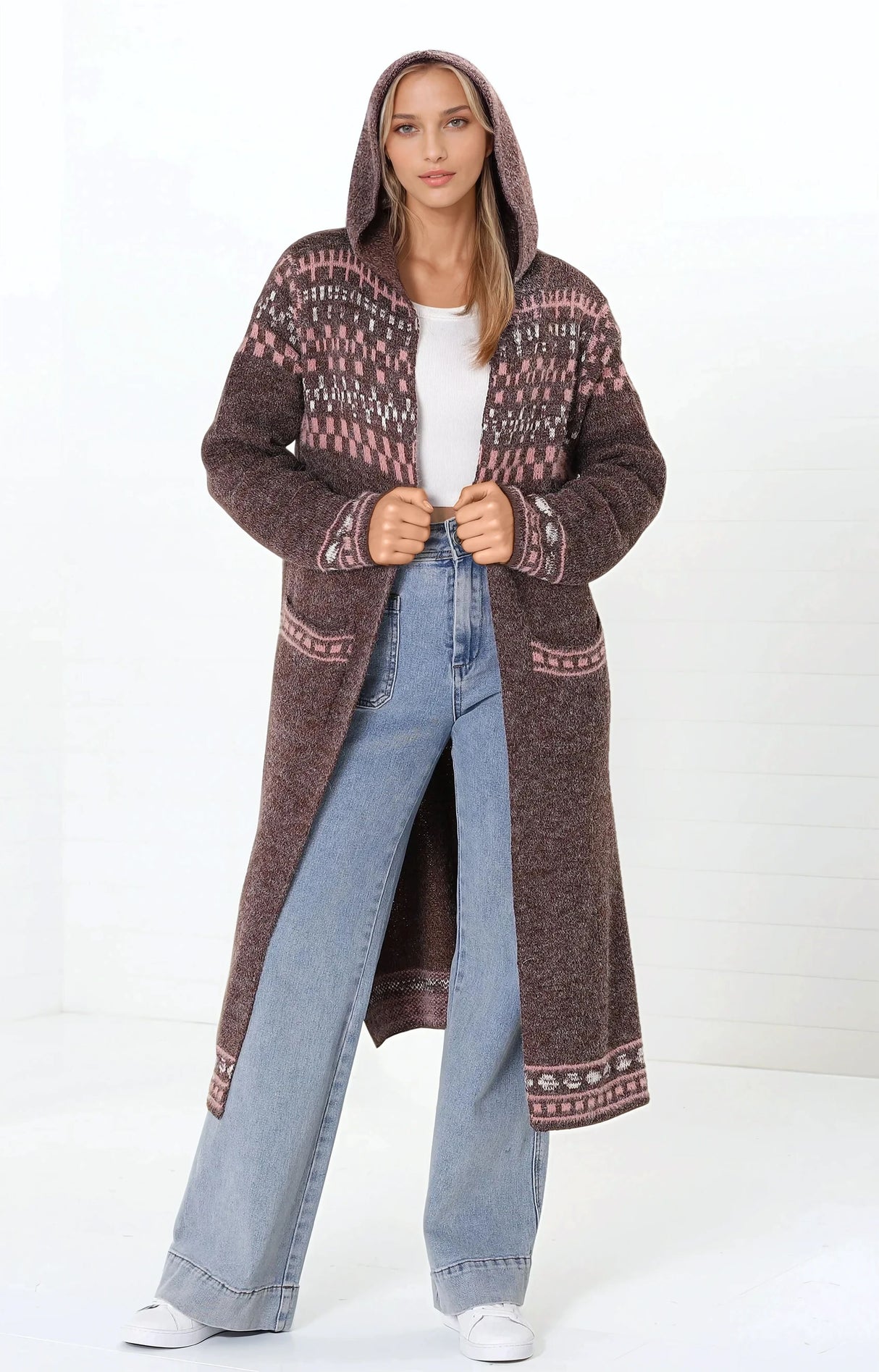 Jumilah Cardigan - Hooded Long Line Graphic Cardigan in Brown