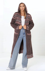 Jumilah Cardigan - Hooded Long Line Graphic Cardigan in Brown