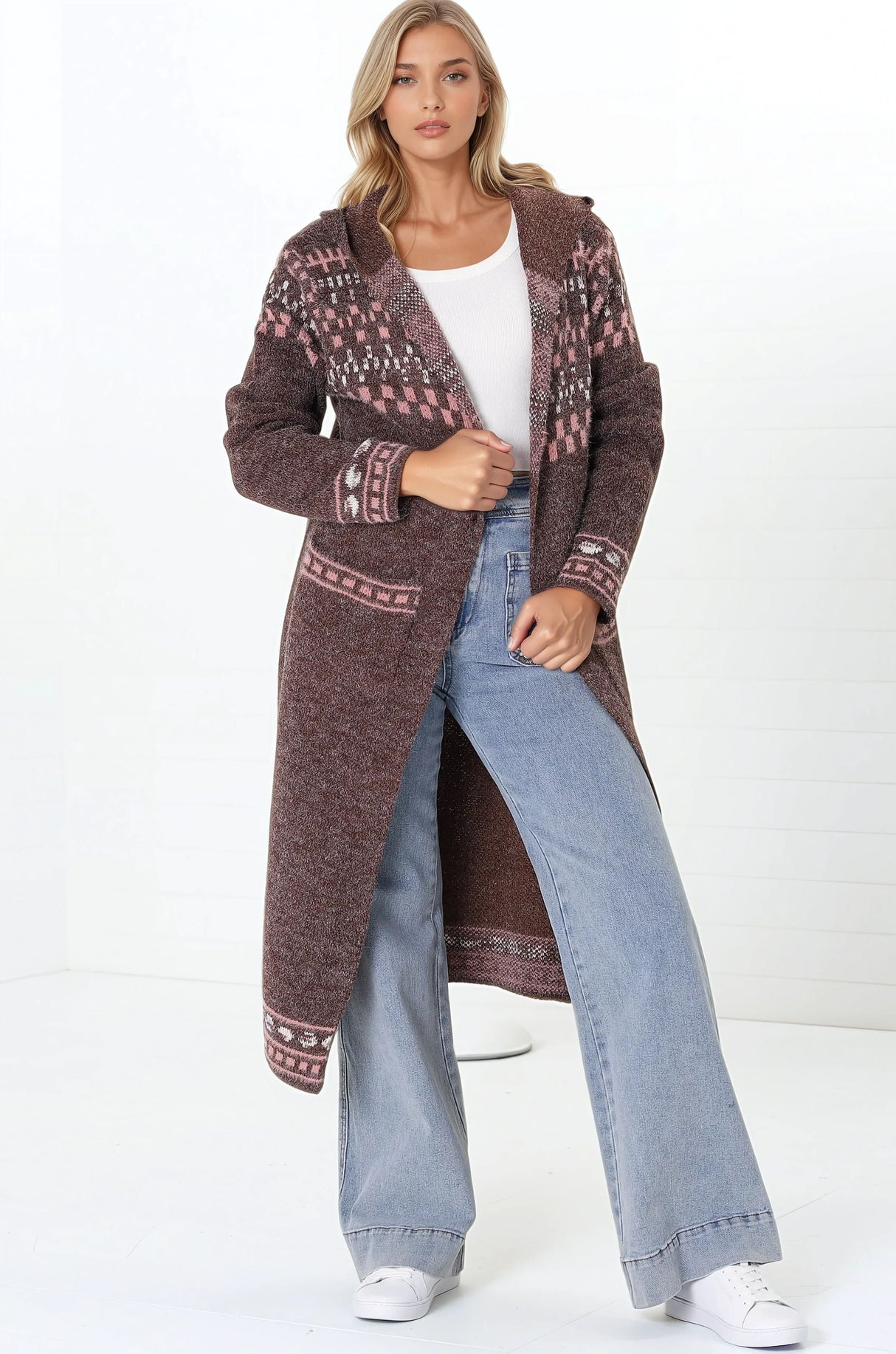 Jumilah Cardigan - Hooded Long Line Graphic Cardigan in Brown