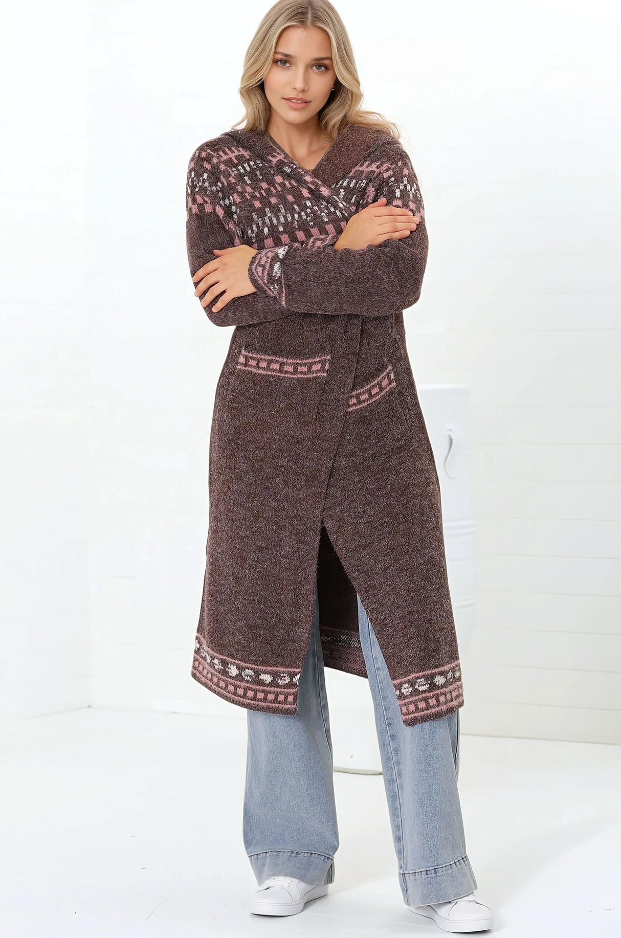 Jumilah Cardigan - Hooded Long Line Graphic Cardigan in Brown