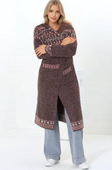 Jumilah Cardigan - Hooded Long Line Graphic Cardigan in Brown