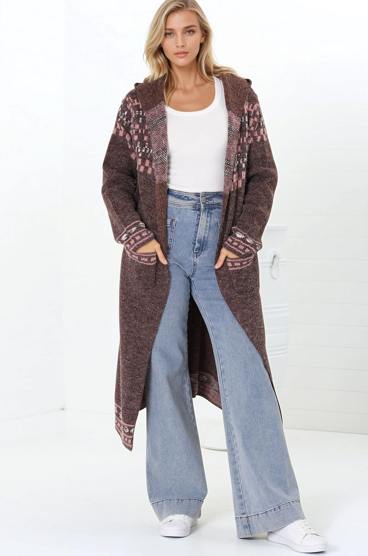 Jumilah Cardigan - Hooded Long Line Graphic Cardigan in Brown
