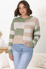 June Jumper - Long Sleeve Colour Block Jumper in Green