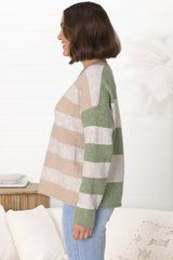 June Jumper - Long Sleeve Colour Block Jumper in Green