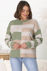 June Jumper - Long Sleeve Colour Block Jumper in Green