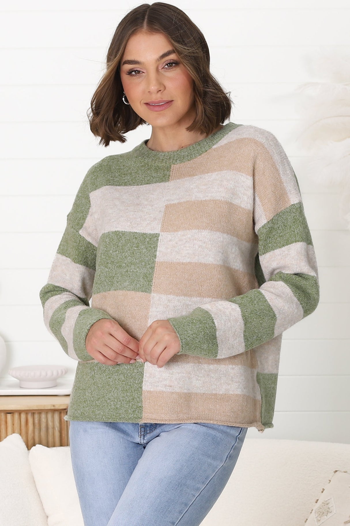 June Jumper - Long Sleeve Colour Block Jumper in Green