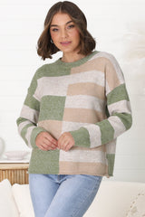 June Jumper - Long Sleeve Colour Block Jumper in Green