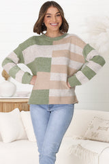 June Jumper - Long Sleeve Colour Block Jumper in Green