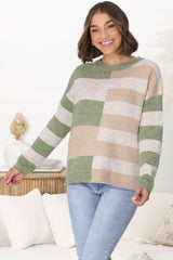 June Jumper - Long Sleeve Colour Block Jumper in Green