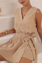 Junia Playsuit - V-Neck Sleeveless Skort Playsuit in Beige