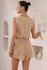 Junia Playsuit - V-Neck Sleeveless Skort Playsuit in Beige