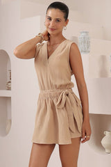 Junia Playsuit - V-Neck Sleeveless Skort Playsuit in Beige