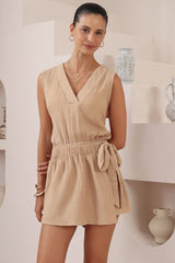 Junia Playsuit - V-Neck Sleeveless Skort Playsuit in Beige