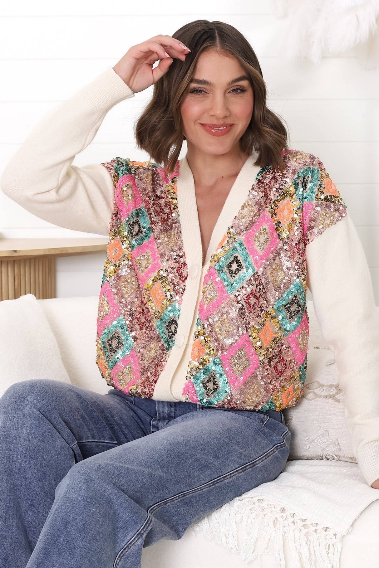 Jupiter Cardigan - Multi Sequin Button Up Cardigan in Beige