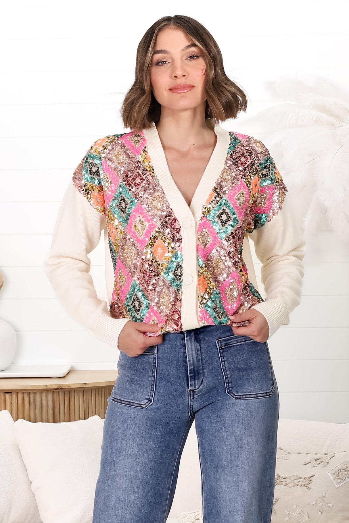 Jupiter Cardigan - Multi Sequin Button Up Cardigan in Beige