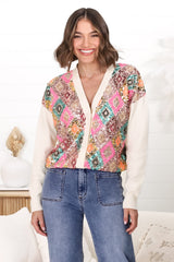 Jupiter Cardigan - Multi Sequin Button Up Cardigan in Beige