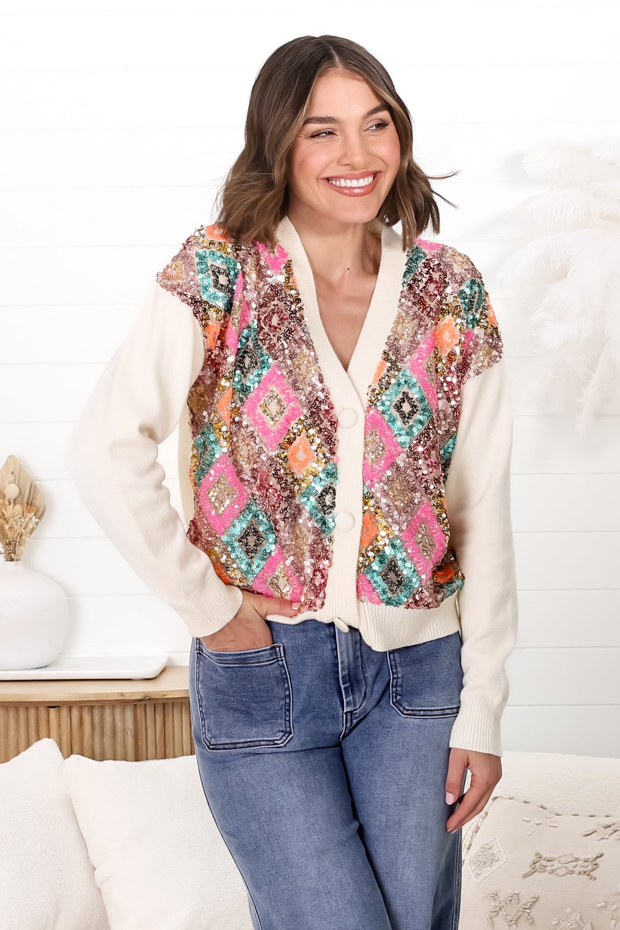 Jupiter Cardigan - Multi Sequin Button Up Cardigan in Beige