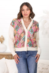 Jupiter Cardigan - Multi Sequin Button Up Cardigan in Beige