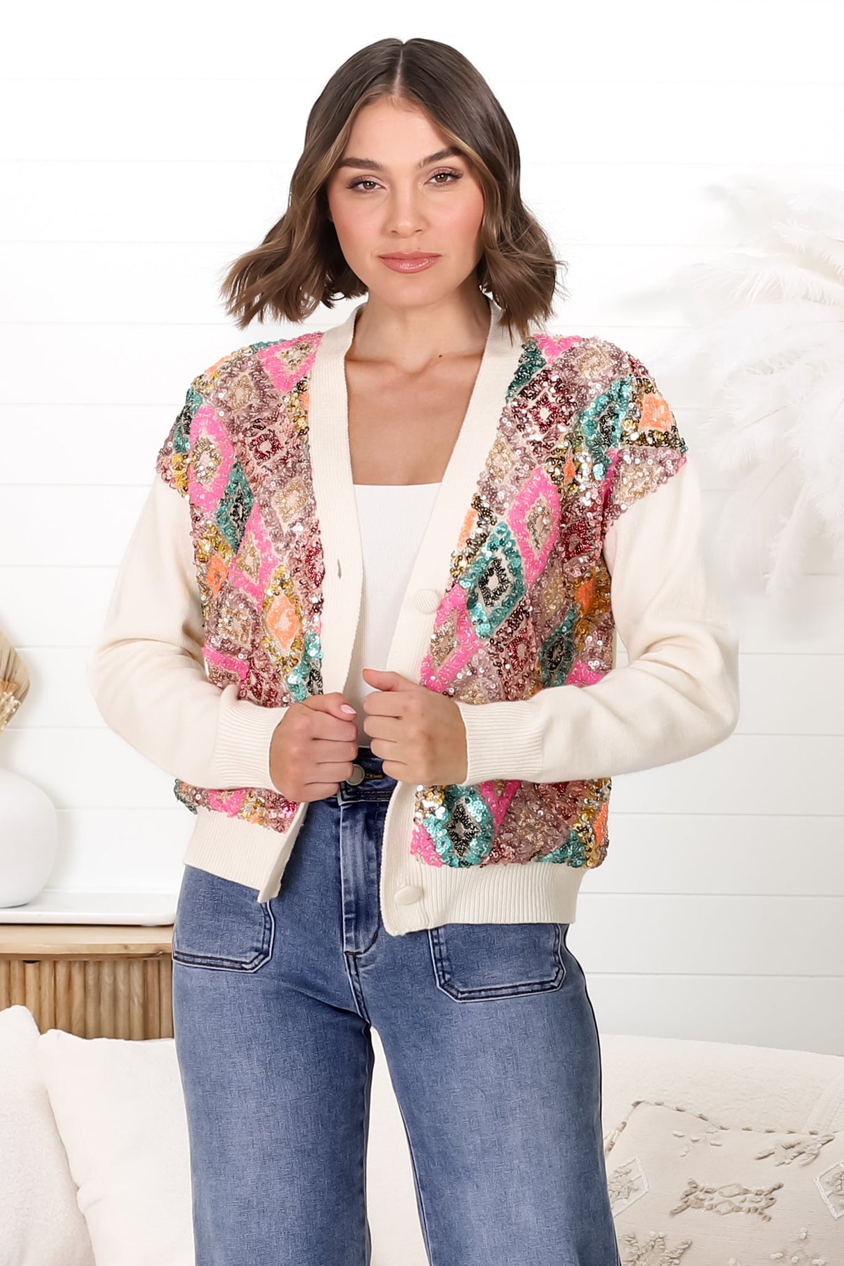 Jupiter Cardigan - Multi Sequin Button Up Cardigan in Beige