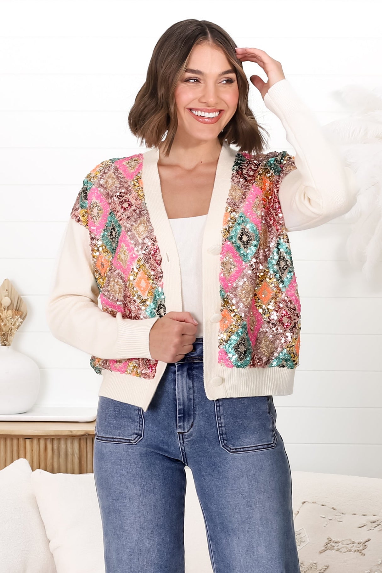 Jupiter Cardigan - Multi Sequin Button Up Cardigan in Beige