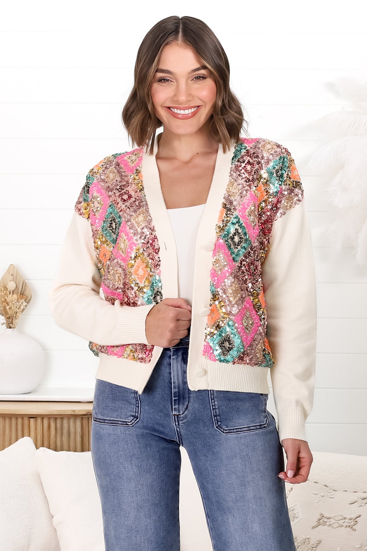 Jupiter Cardigan - Multi Sequin Button Up Cardigan in Beige