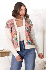 Jupiter Cardigan - Multi Sequin Button Up Cardigan in Beige